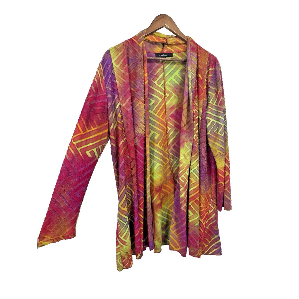 Calessa Neon Rainbow Burnout Open Front Cardigan Boho Art to Wear Artsy Cover up